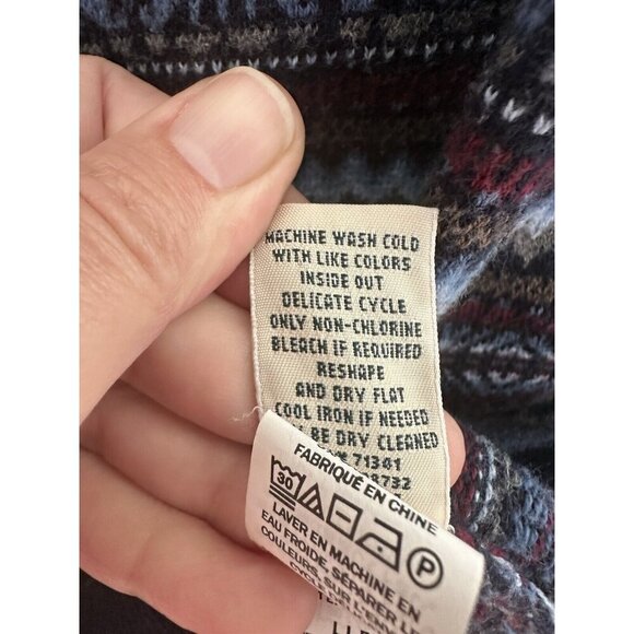 LL Bean Nordic Fair Isle‎ Cardigan Sweater Blue Cotton Cashmere Size M Grandma - Picture 6 of 8